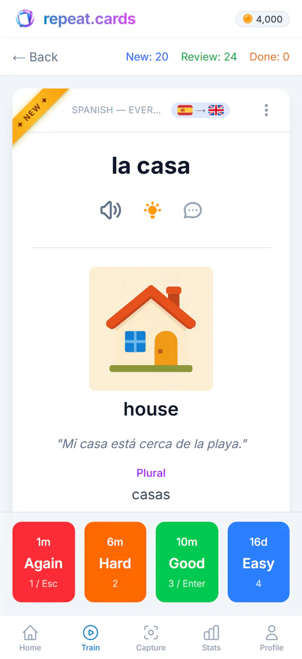 repeat.cards on a phone: a card mid-review with its picture, example sentence and plural, above the four rating buttons and their next intervals